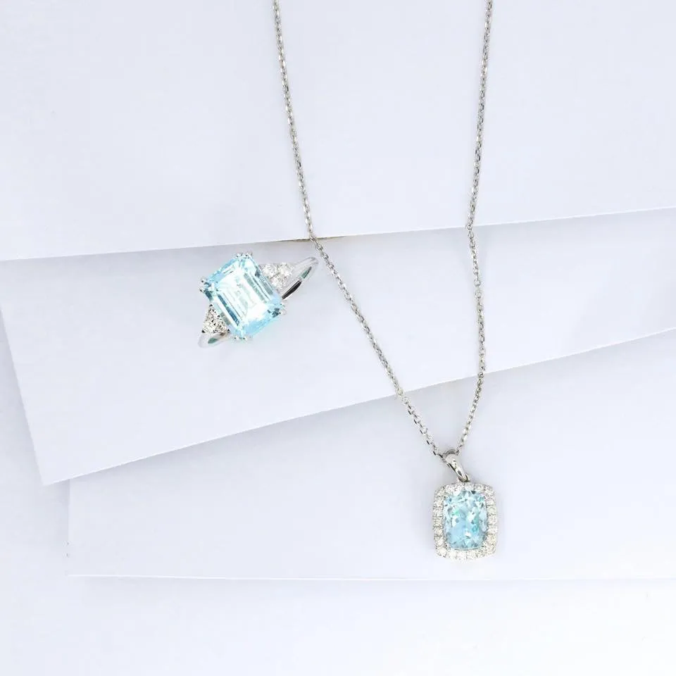 Rosa Mer Collection 1.44ct Cushion Aquamarine & Diamond Halo Necklace