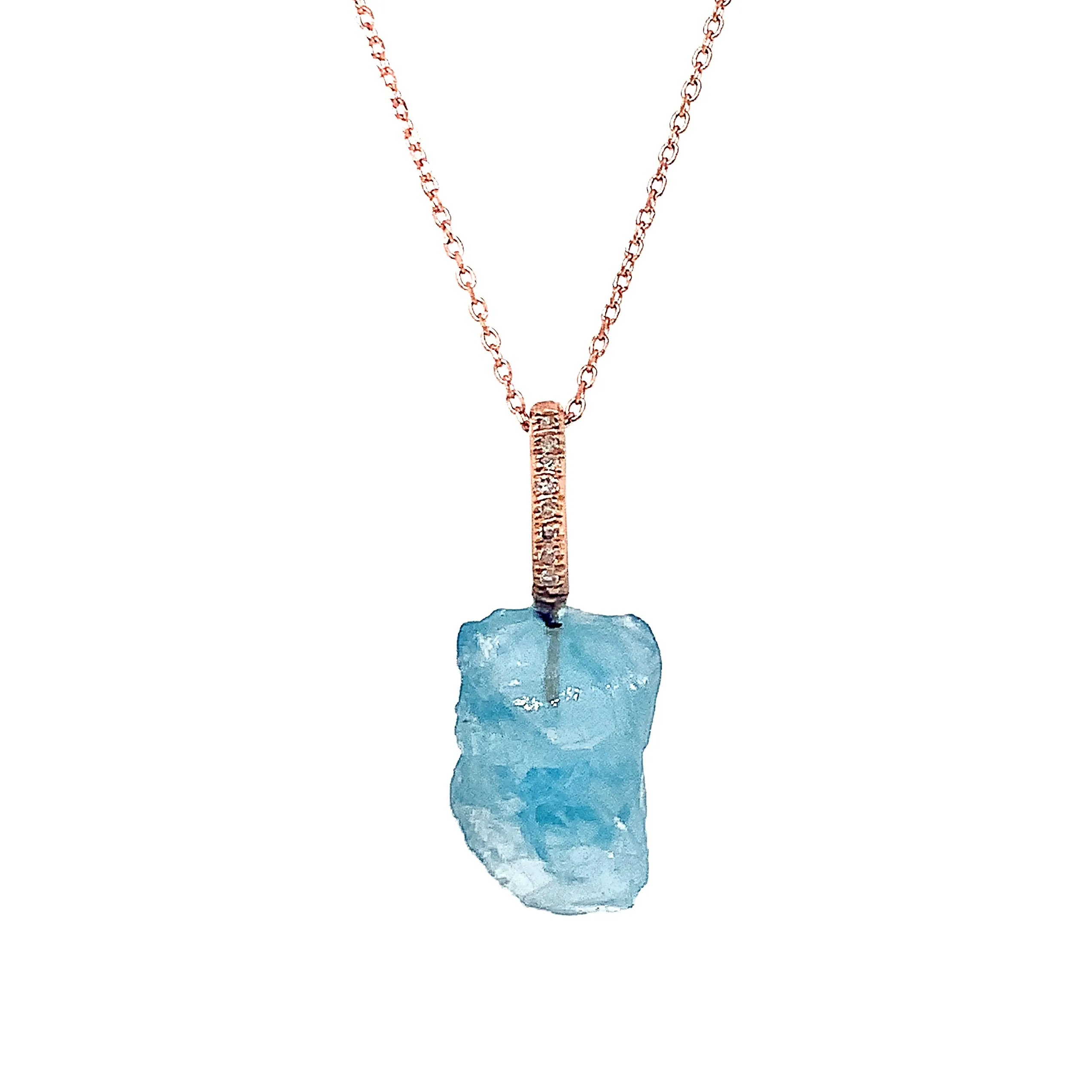 Rough Aquamarine, Diamond, & Rose Gold Pendant - "Cascade"