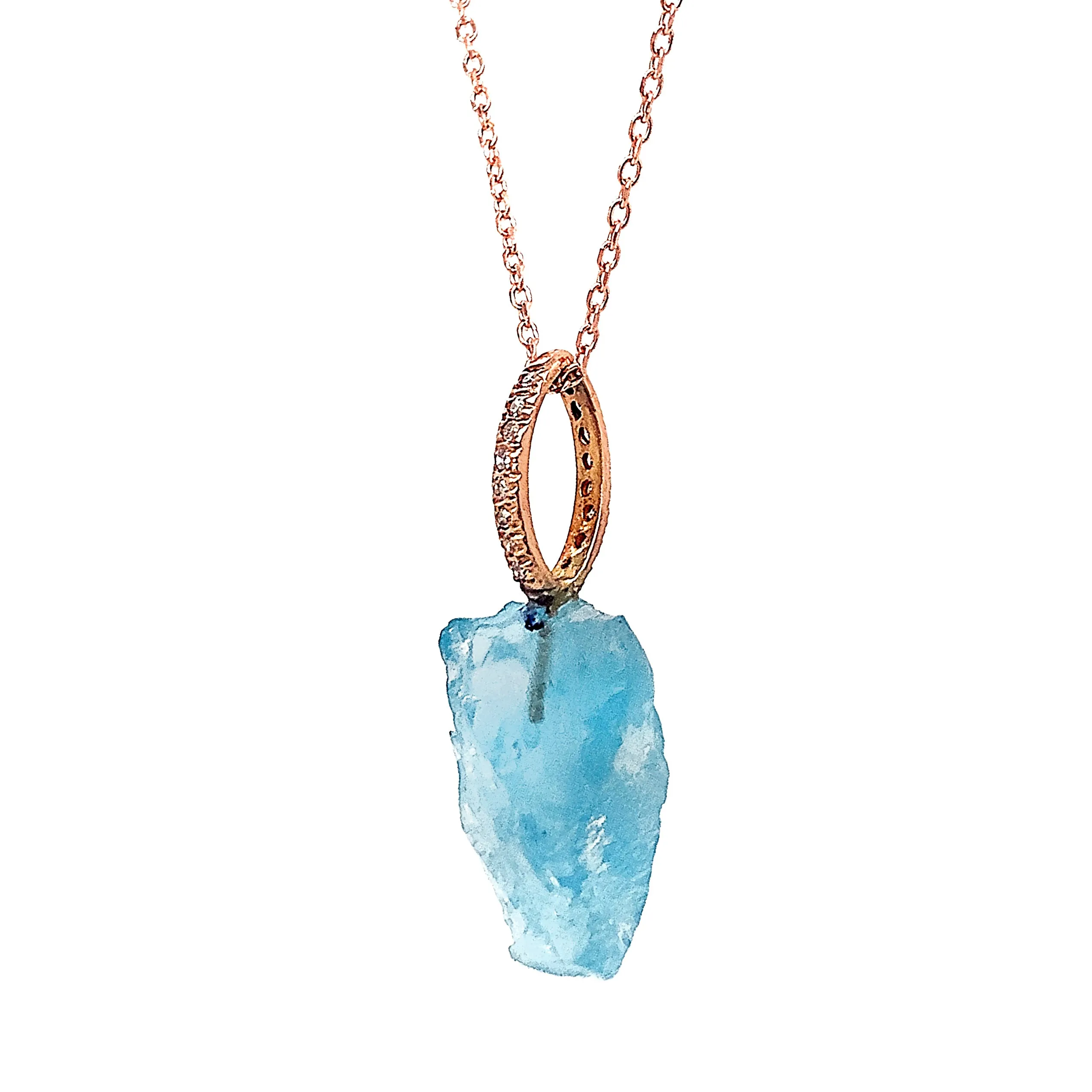 Rough Aquamarine, Diamond, & Rose Gold Pendant - "Cascade"