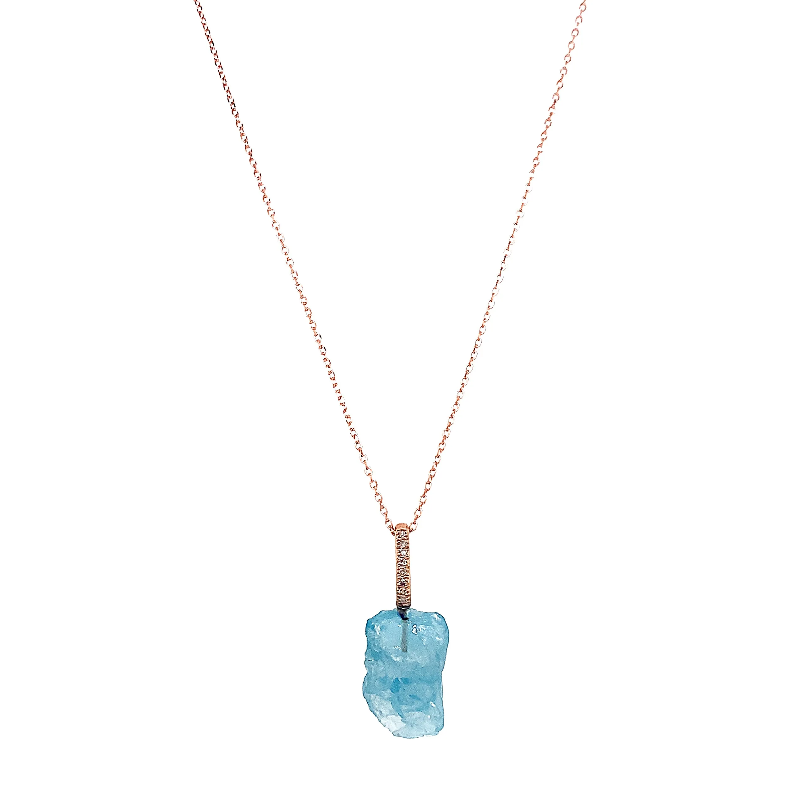 Rough Aquamarine, Diamond, & Rose Gold Pendant - "Cascade"