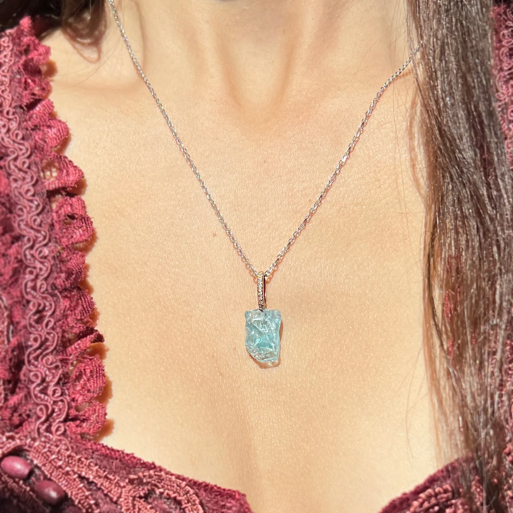 Rough Aquamarine, Diamond, & Rose Gold Pendant - "Cascade"