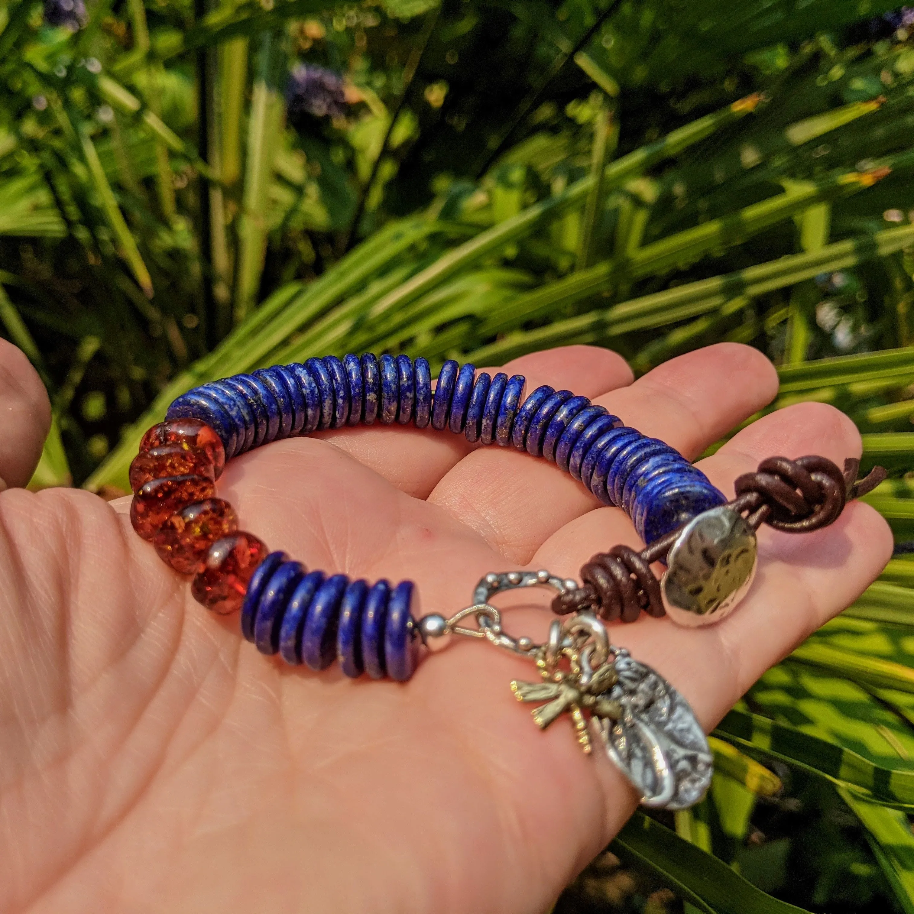 Royal Blue Lapis Lazuli & Baltic Amber Artisan Bracelet