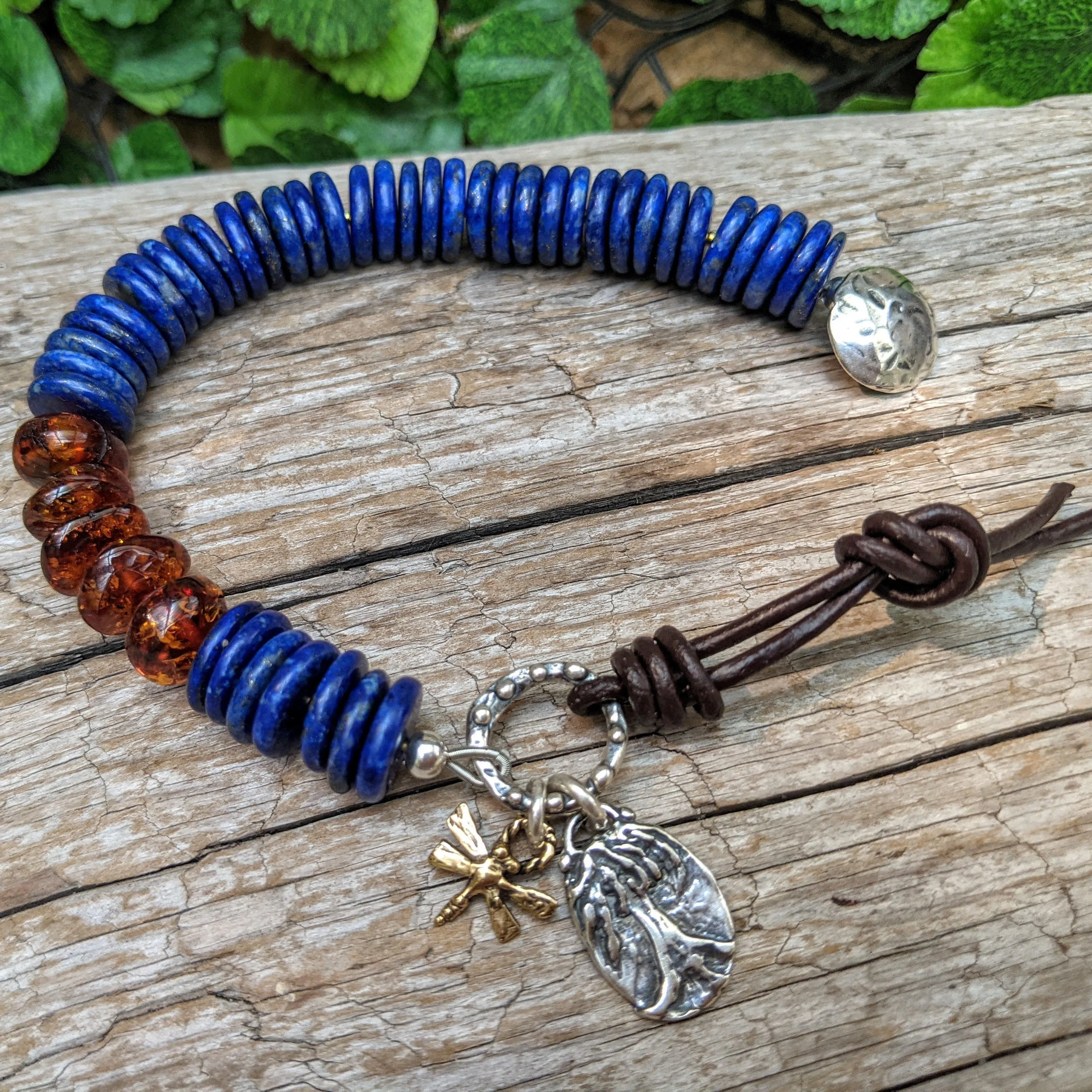 Royal Blue Lapis Lazuli & Baltic Amber Artisan Bracelet