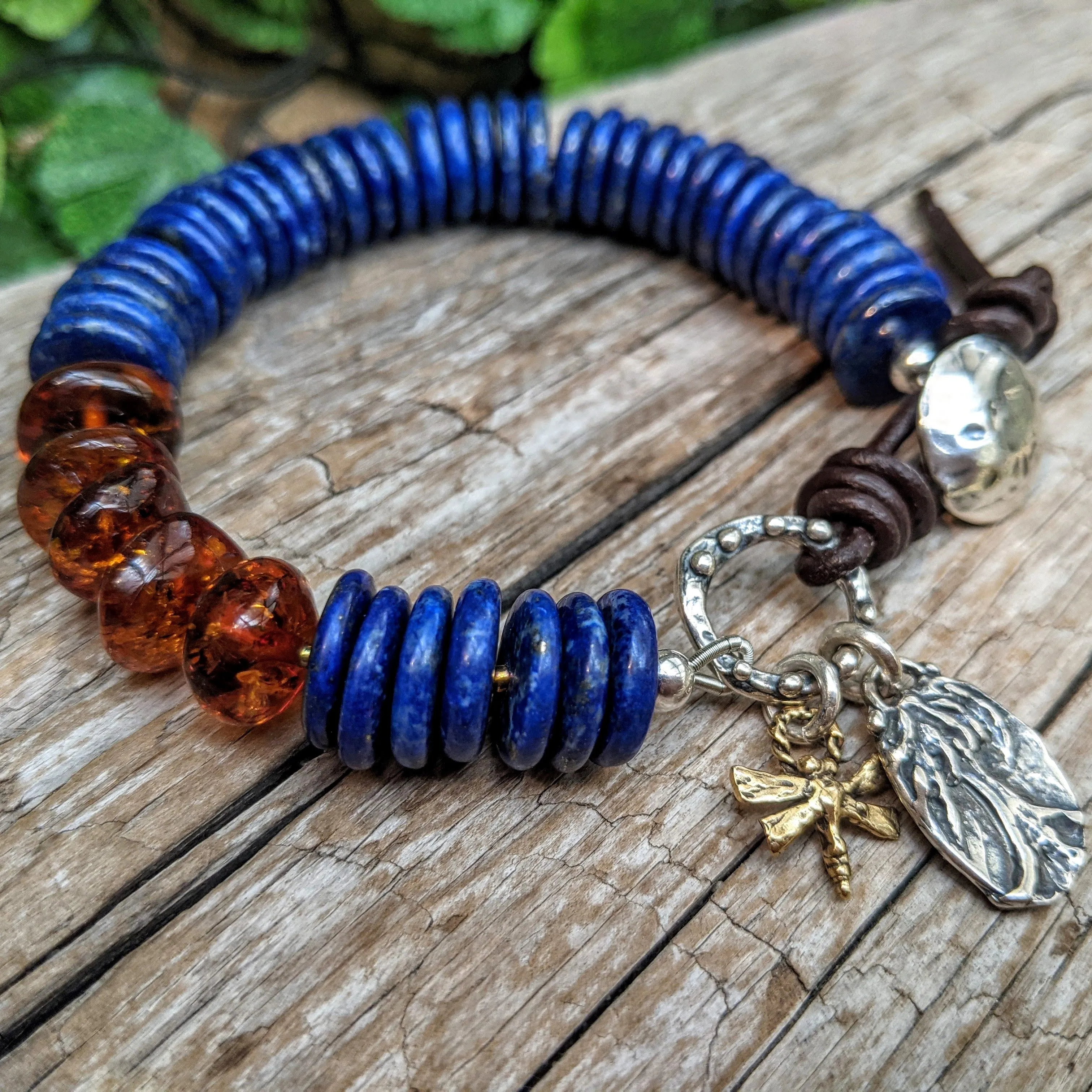 Royal Blue Lapis Lazuli & Baltic Amber Artisan Bracelet