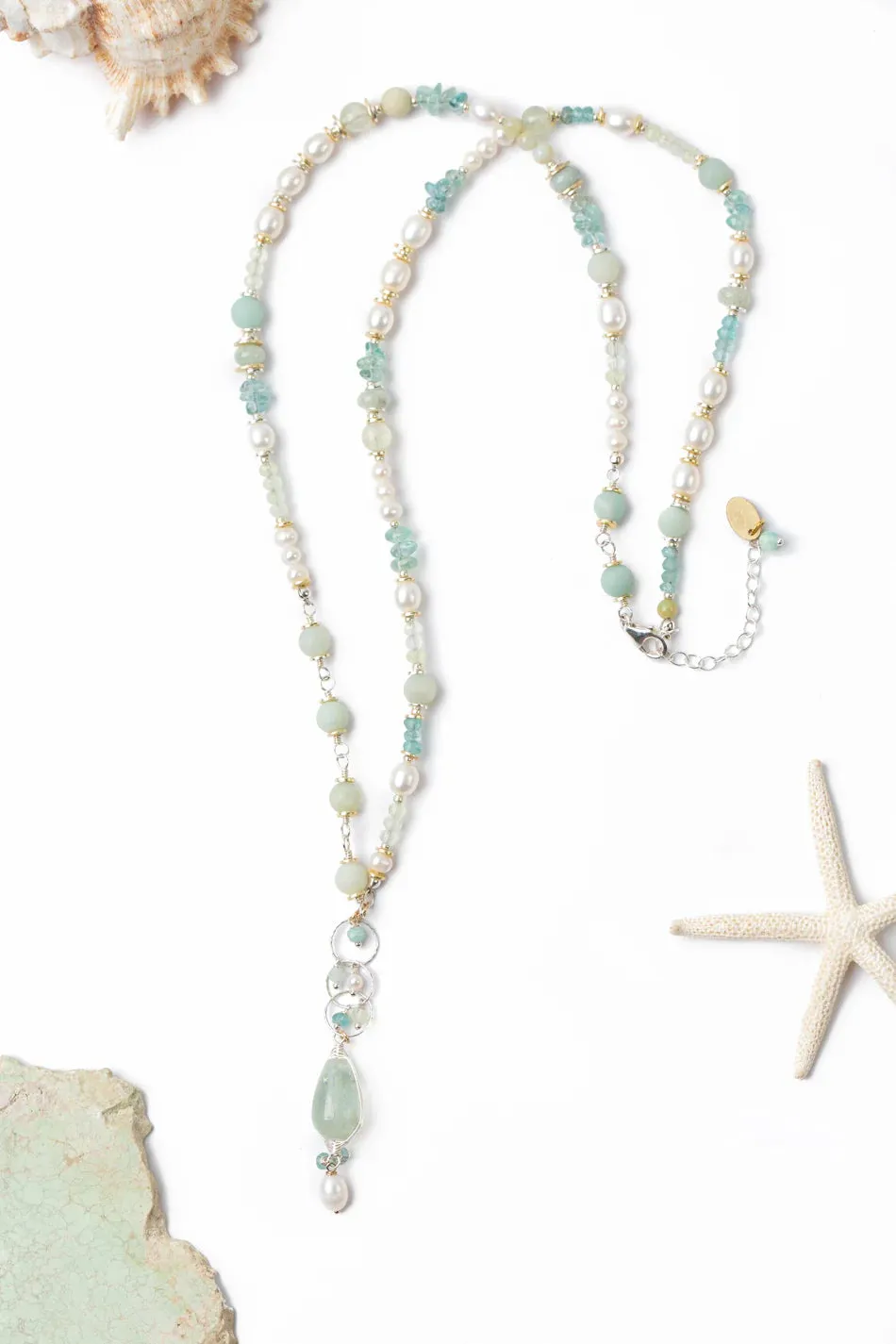 Serenity 25.5-27.5" Aquamarine, Freshwater Pearl, Apatite Dangle Pendant Necklace