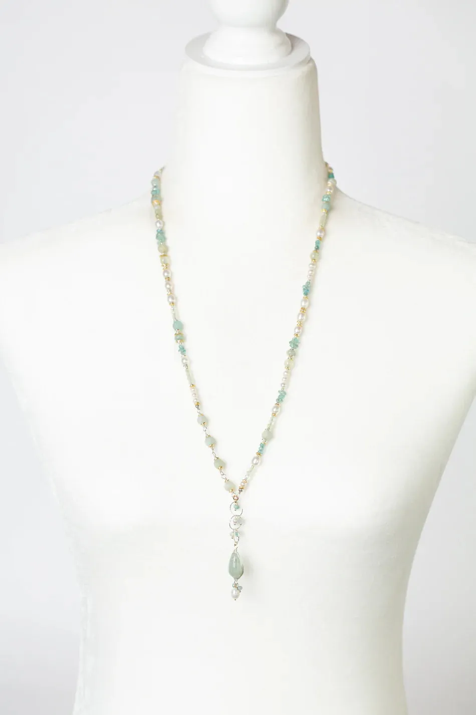 Serenity 25.5-27.5" Aquamarine, Freshwater Pearl, Apatite Dangle Pendant Necklace