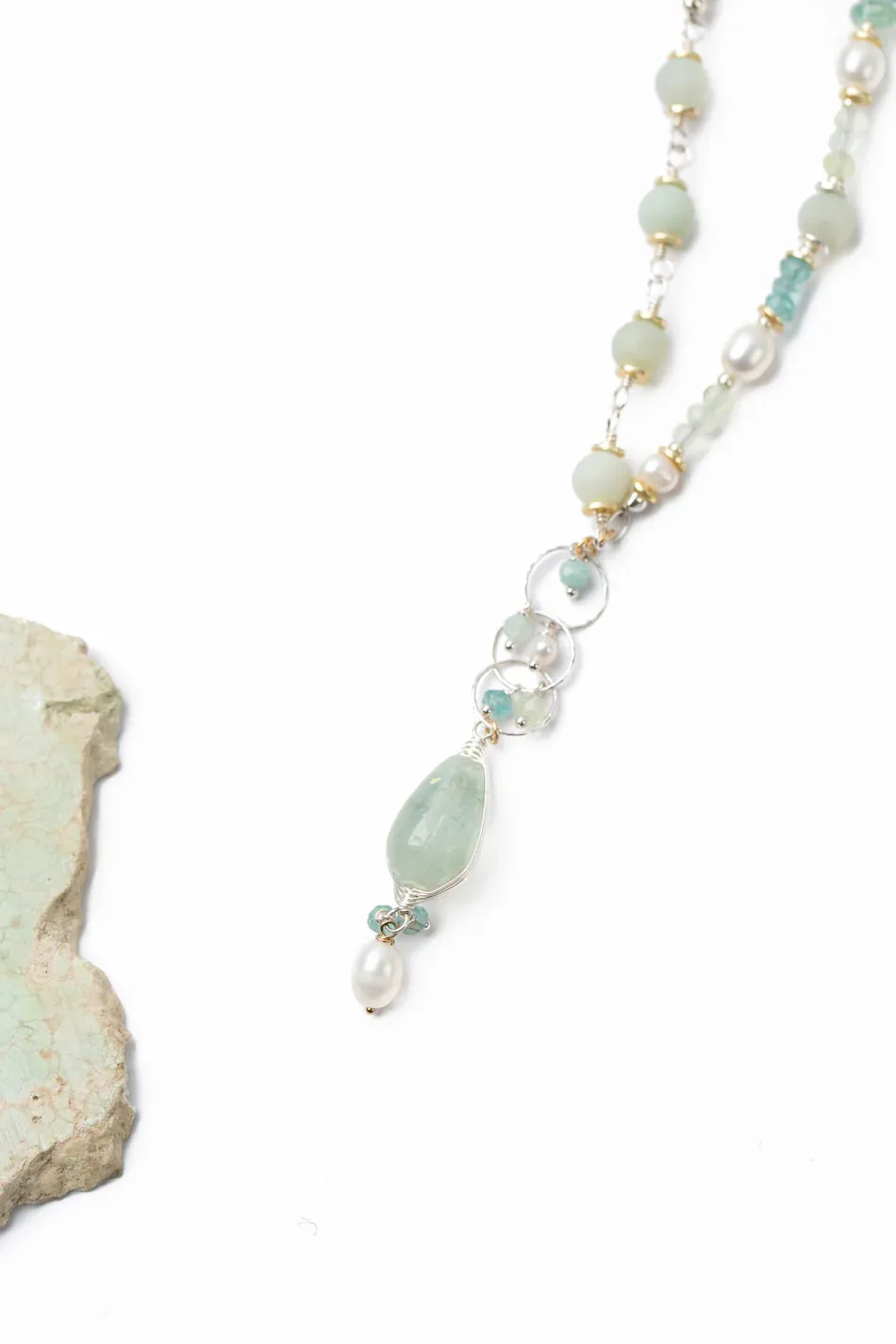 Serenity 25.5-27.5" Aquamarine, Freshwater Pearl, Apatite Dangle Pendant Necklace