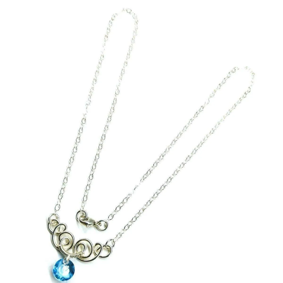 Silver Wire Sculpted Round Aqua Crystal Pendant Necklace