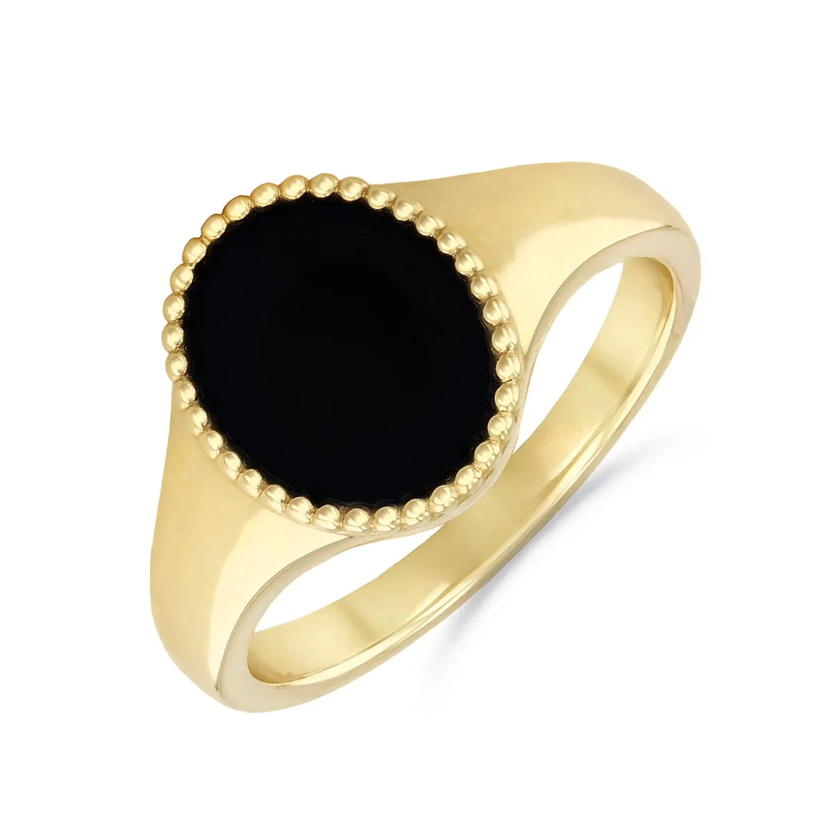 Soleil Collection Oval Agate Signet Ring with Beaded Edge Design | 9K Yellow Gold