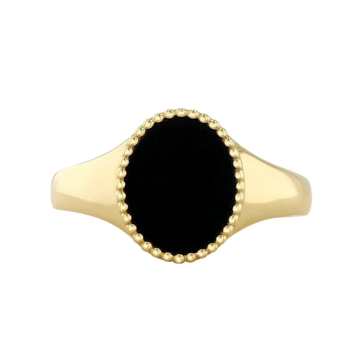 Soleil Collection Oval Agate Signet Ring with Beaded Edge Design | 9K Yellow Gold