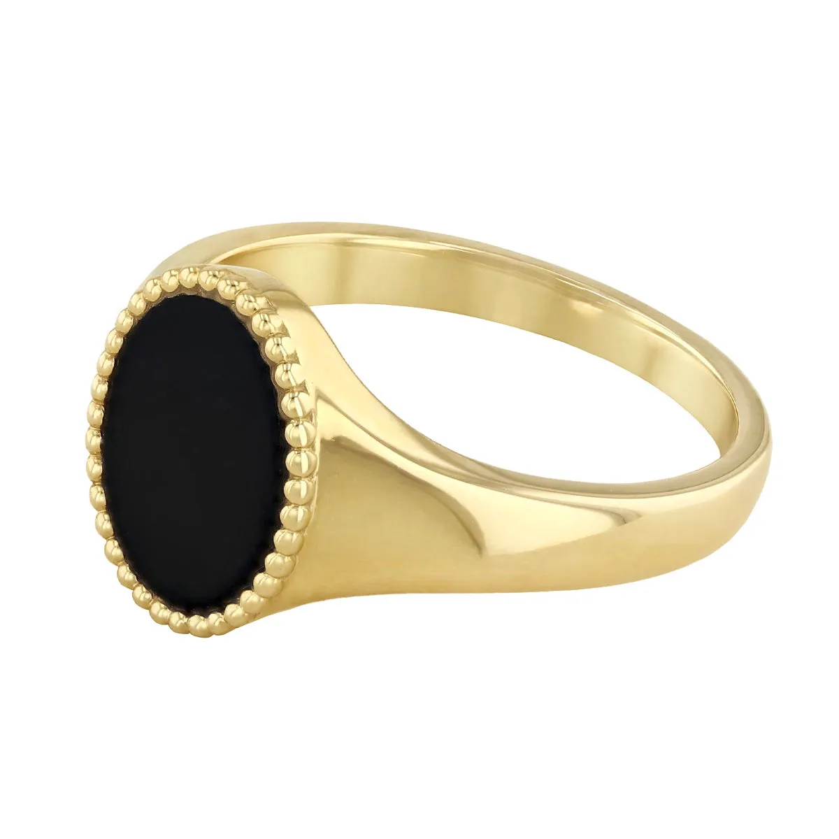 Soleil Collection Oval Agate Signet Ring with Beaded Edge Design | 9K Yellow Gold