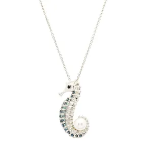 Sterling Silver Seahorse Pearl Necklace with Sapphire Crystals