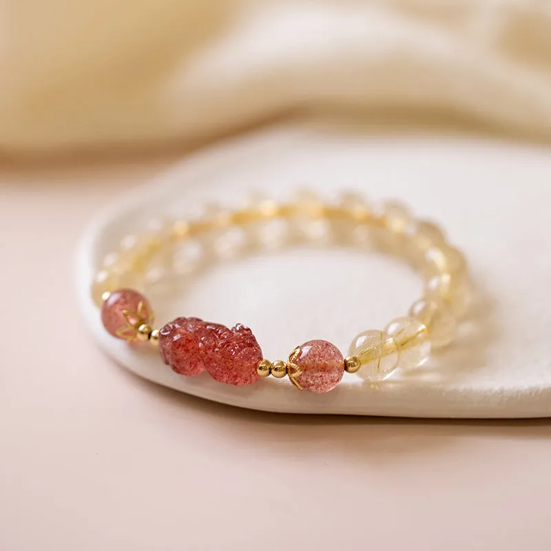 Strawberry Crystal and Sterling Silver Pixiu Bracelet for Women by Planderful Collection