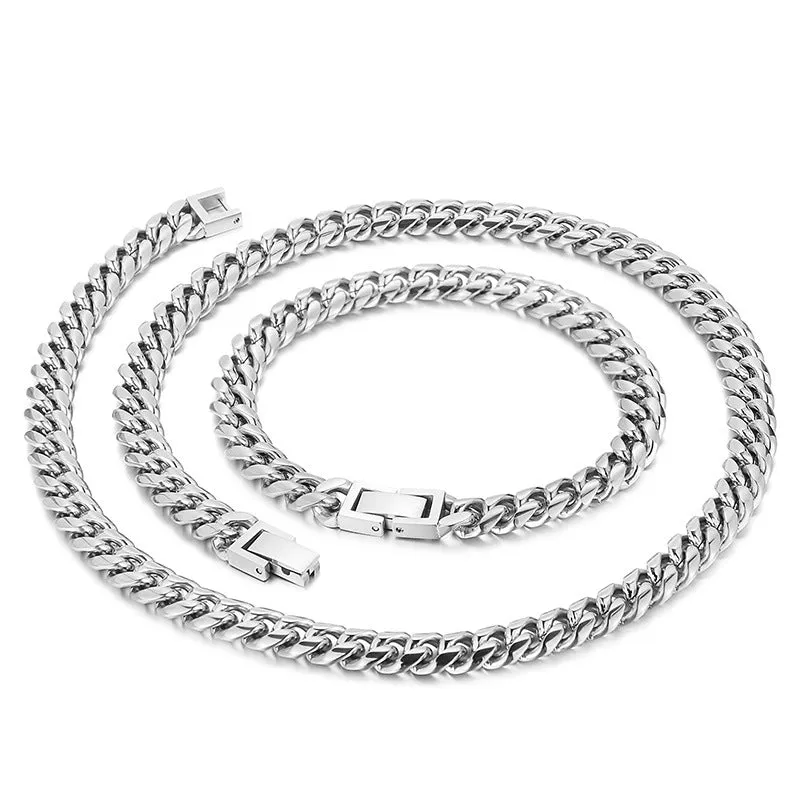 Stylish Titanium Steel Cuban Necklace and Bracelet Set for Men - European and American Hiphop Inspired Fashion Accessories