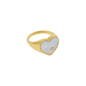 Tarnish Resistant 14k Gold Plated Heart White Mother of Pearl Signet Ring