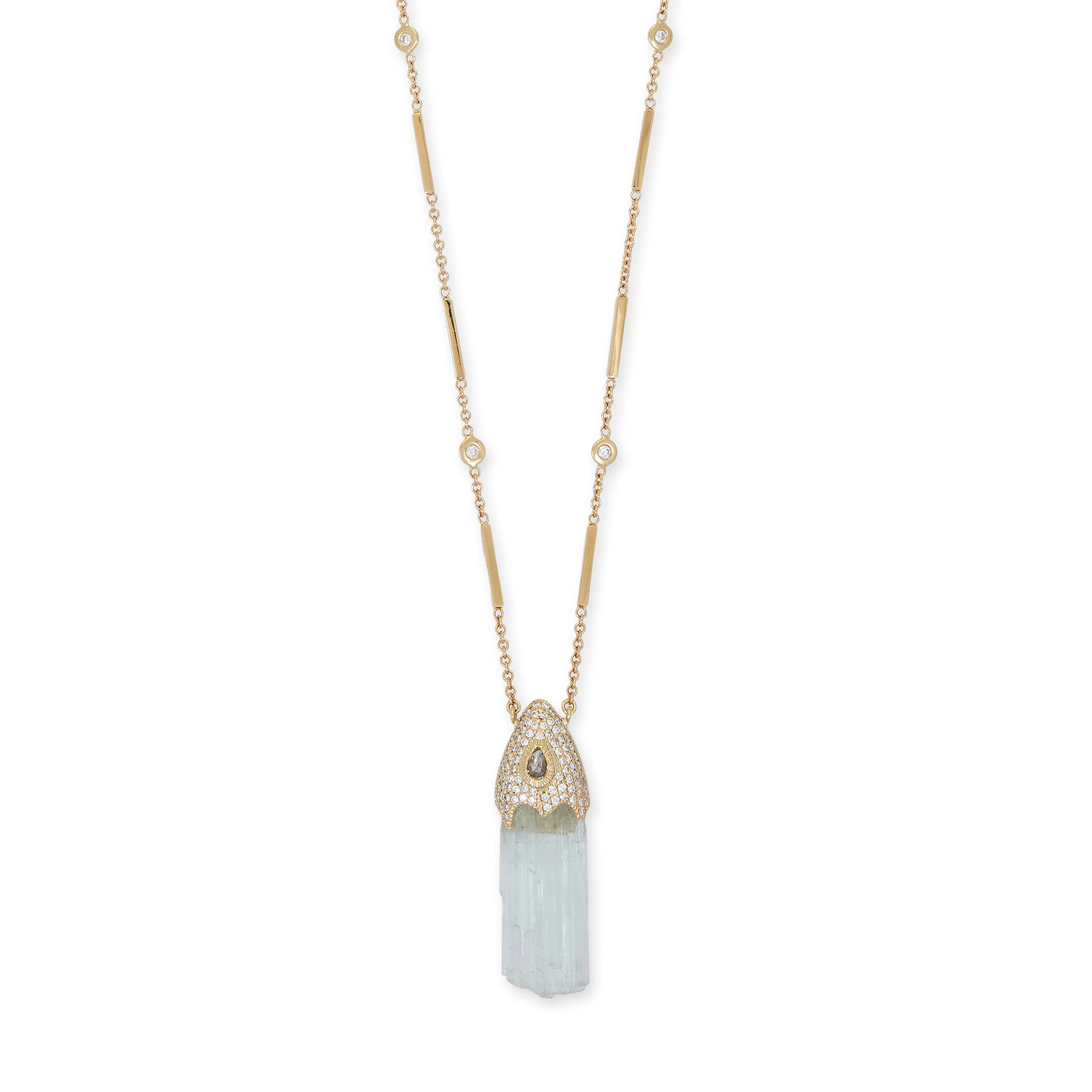 TEARDROP DIAMOND PAVE CAP   RAW AQUAMARINE CRYSTAL NECKLACE