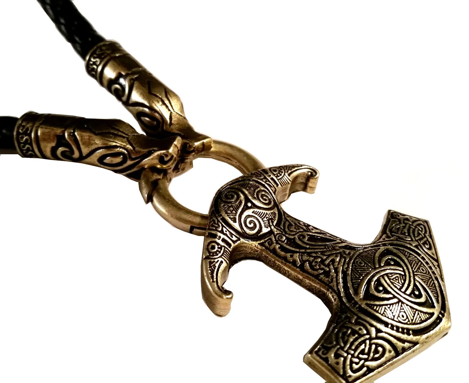 Thor's Hammer Necklace Bronze Dragon Raven Leather Norse Viking