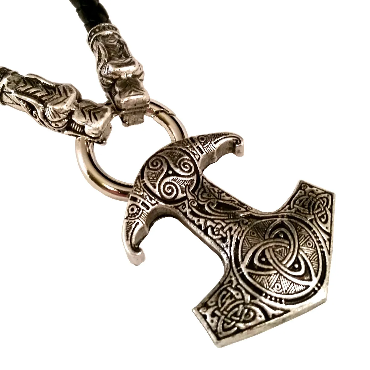 Thor's Hammer Necklace Silver Wolf Black Leather Norse Viking Style