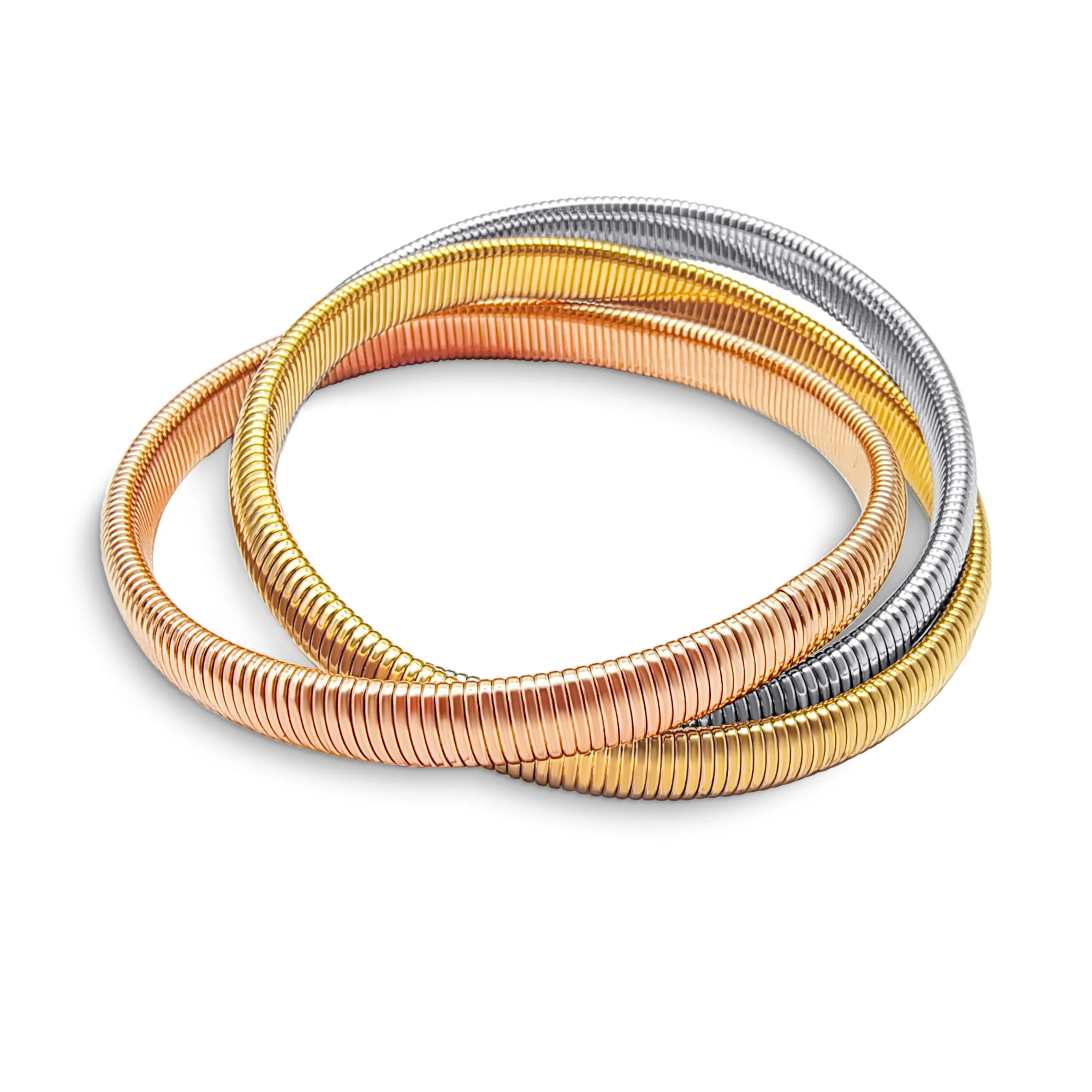 Three Strand Omega Snake Cobra Wide Bangle Bracelet Set, Gold Plated, Fits 8-8.5" Wrist