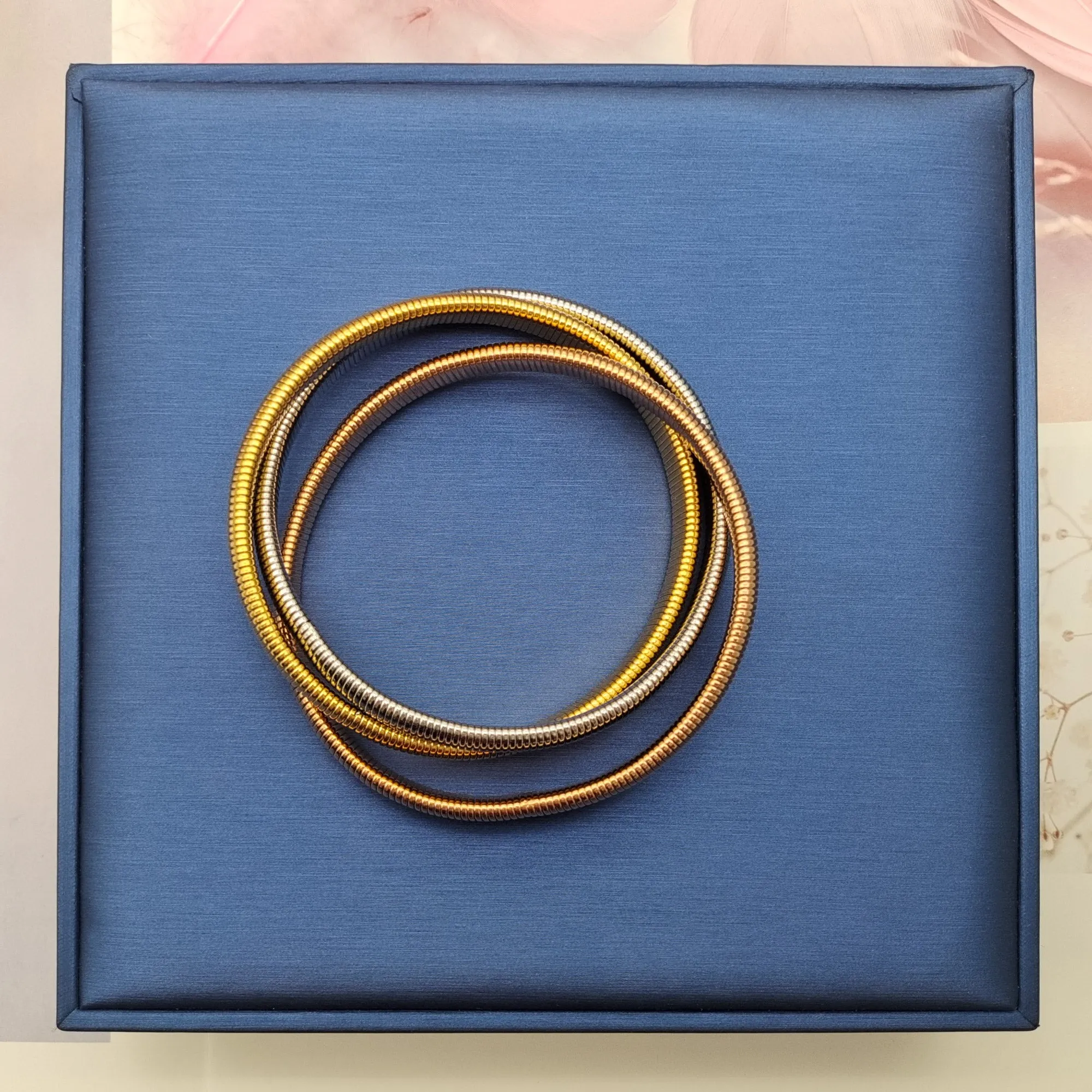 Three Strand Omega Snake Cobra Wide Bangle Bracelet Set, Gold Plated, Fits 8-8.5" Wrist