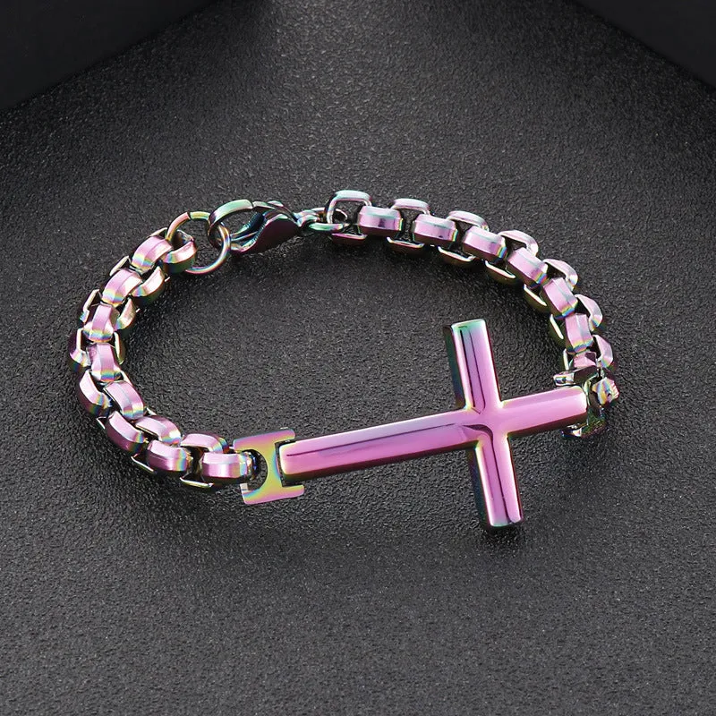 Trendy Personalized Titanium Steel Men's Bracelet with Cross Square Pearl Accent