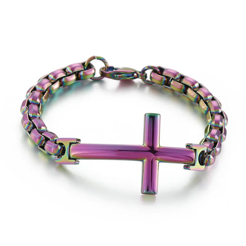 Trendy Personalized Titanium Steel Men's Bracelet with Cross Square Pearl Accent