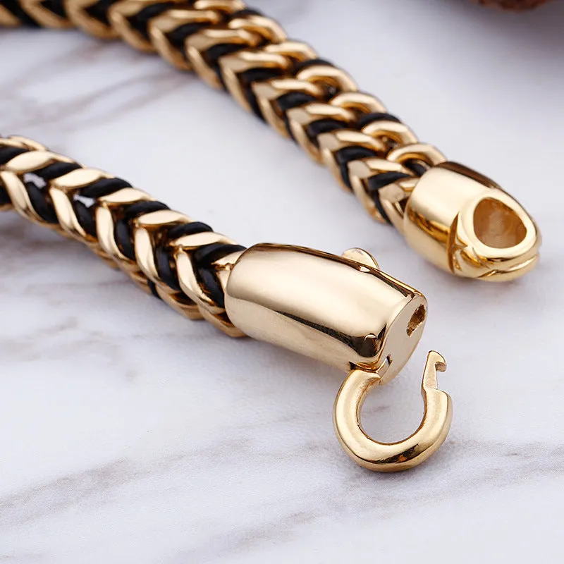 Trendy Retro Leather Braided Titanium Steel Bracelet for Men - 18K Gold Stainless Steel, Direct from Factory