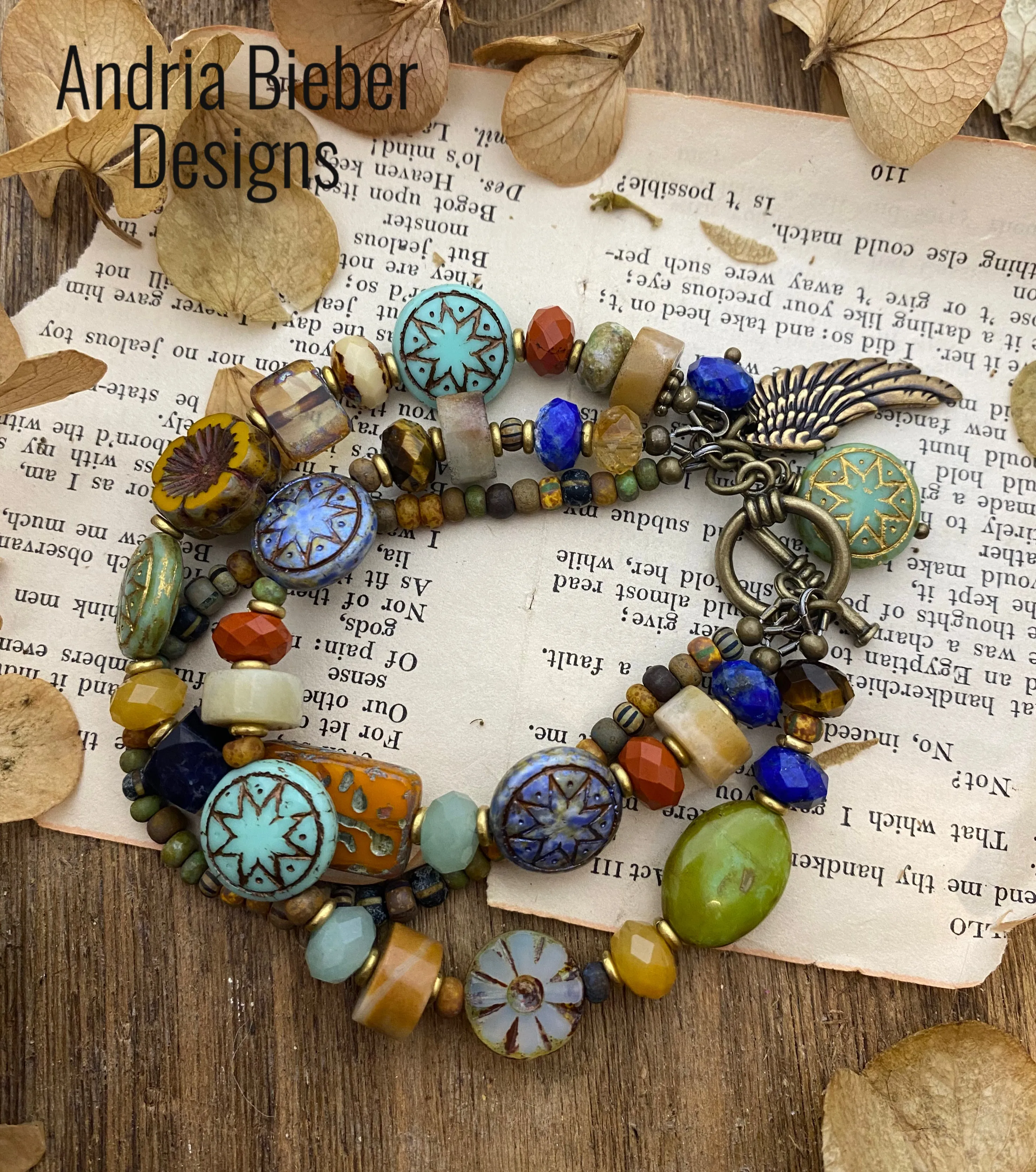 Tucson vibes. Czech glass, mixed stones, multi strand, bronze metal, bracelet.