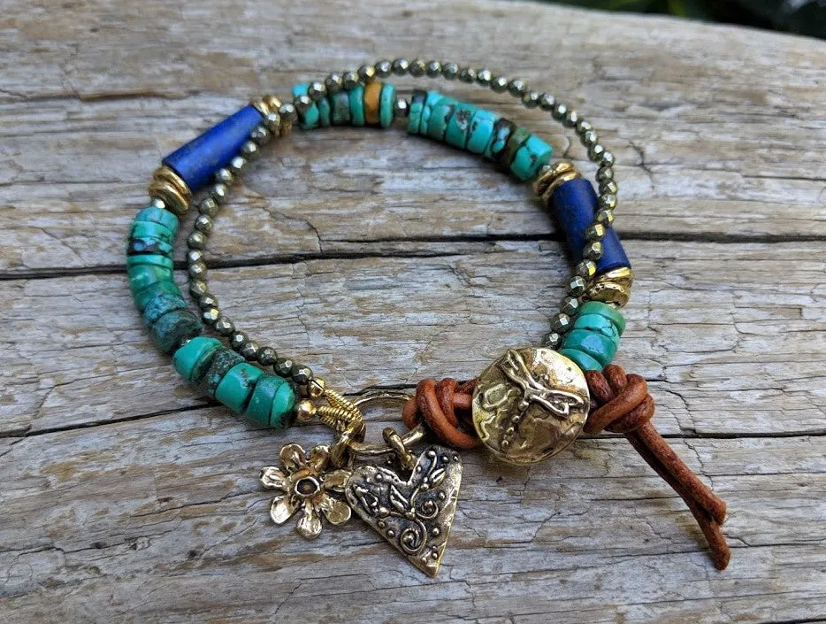 Turquoise, Lapiz Lazuli, and Pyrite Dragonfly Bracelet