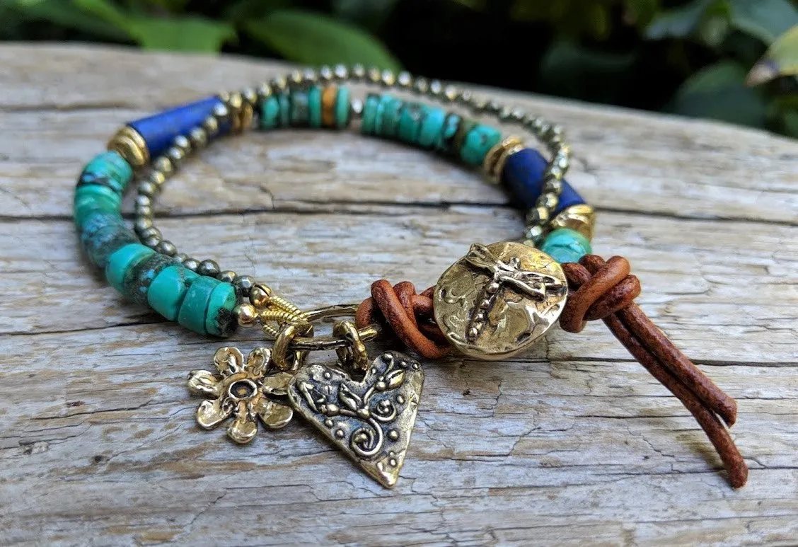 Turquoise, Lapiz Lazuli, and Pyrite Dragonfly Bracelet