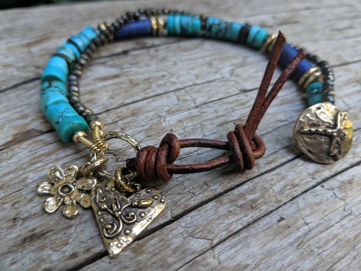 Turquoise, Lapiz Lazuli, and Pyrite Dragonfly Bracelet