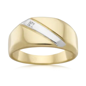 Two Tone Diagonal Gold Signet Ring with Diamond Wedding Ring