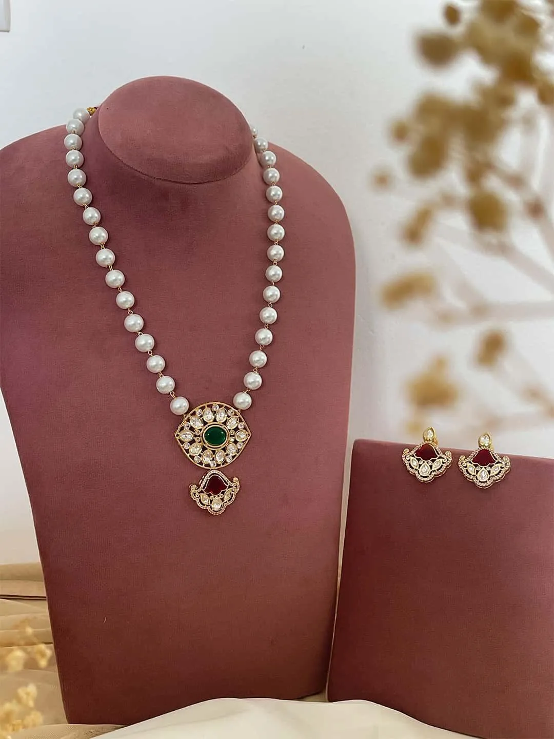 Two Tone Finish Kundan Polki And Agate Long Necklace Set