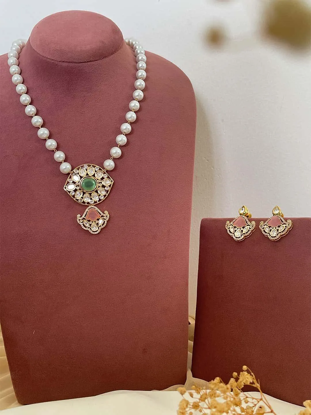 Two Tone Finish Kundan Polki And Agate Long Necklace Set