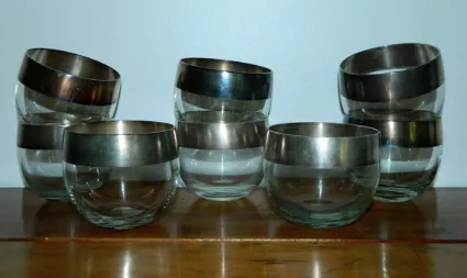 vintage 1960s glasses Dorothy Thorpe silver band ROLY POLY tumblers set of 8