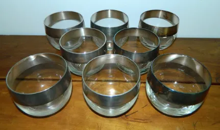 vintage 1960s glasses Dorothy Thorpe silver band ROLY POLY tumblers set of 8