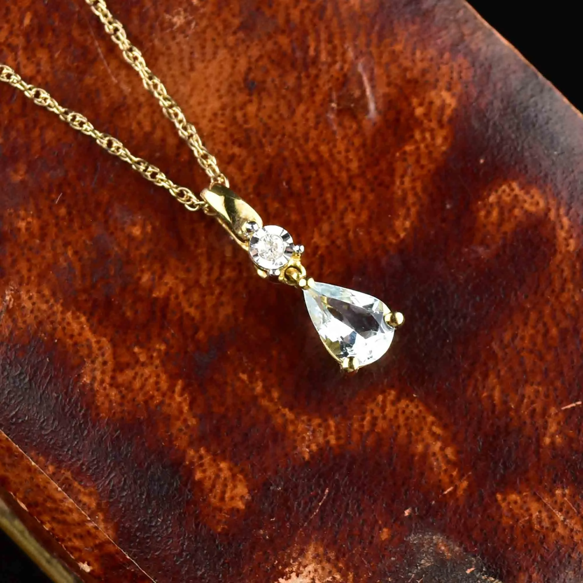 Vintage Diamond Aquamarine Pendant Necklace in 10K Gold