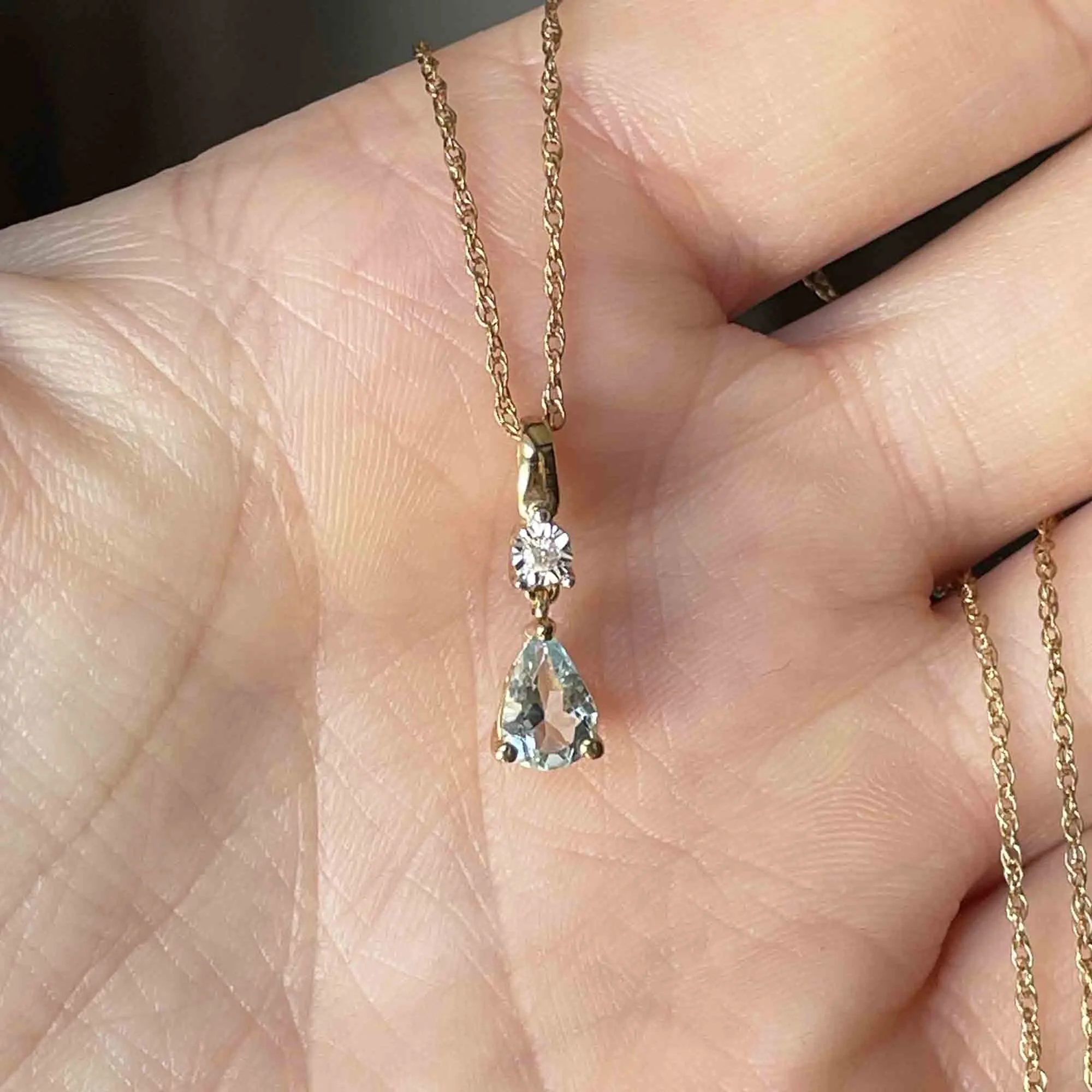 Vintage Diamond Aquamarine Pendant Necklace in 10K Gold