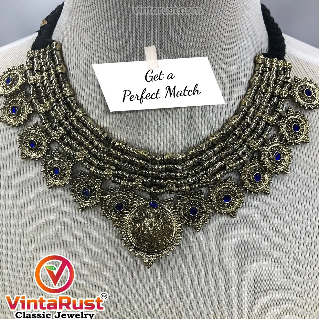 Vintage Multilayer Coins Necklace With Blue Glass Stones