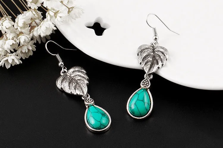 Vintage Silver Tone Leaf Jewelry Sets Heart Turquoise Earrings Necklace Bracelet Fashion Teardrop Shape For Women Accessories