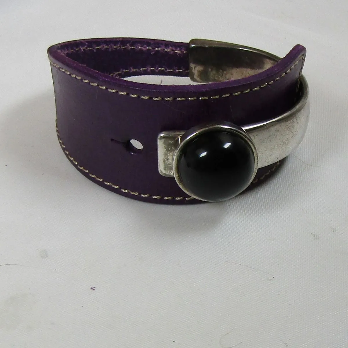 Wide Cuff Leather Bracelet Silver & Black Accent