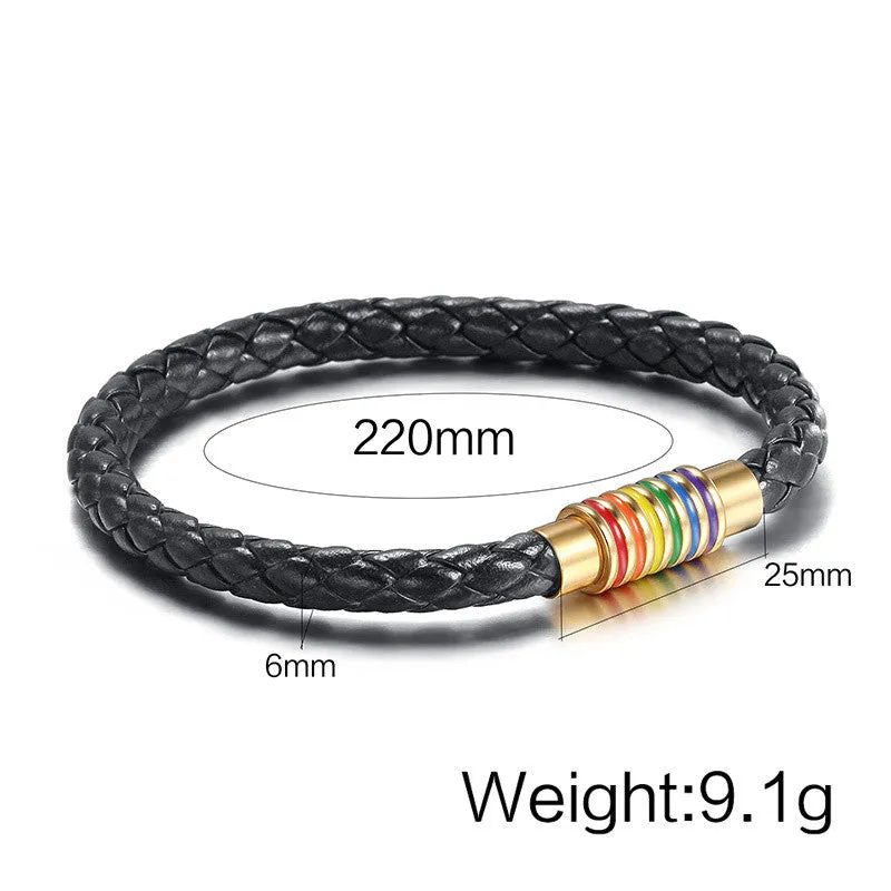 Woman Men Rainbow Braided PU Leather Bracelets Titanium Steel Magnet LGBT Pride Charm Weave Bangle Plaited Jewelry