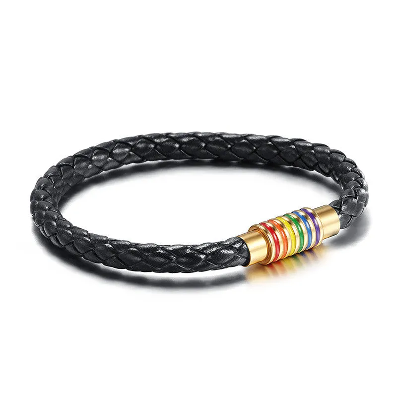 Woman Men Rainbow Braided PU Leather Bracelets Titanium Steel Magnet LGBT Pride Charm Weave Bangle Plaited Jewelry