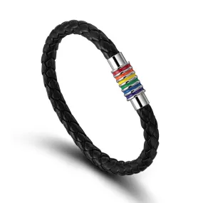 Woman Men Rainbow Braided PU Leather Bracelets Titanium Steel Magnet LGBT Pride Charm Weave Bangle Plaited Jewelry