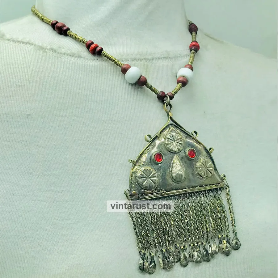 Wooden Beaded Necklace With Dangling Pendant