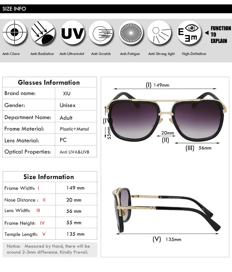 Xiu Brand Men's Square Sunglasses Men Women Big Frame